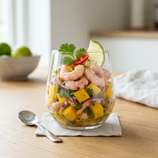 Aperitiv cu creveți și mango, cubulețe de mango și avocado cu creveți rumeniți și pătrunjel
