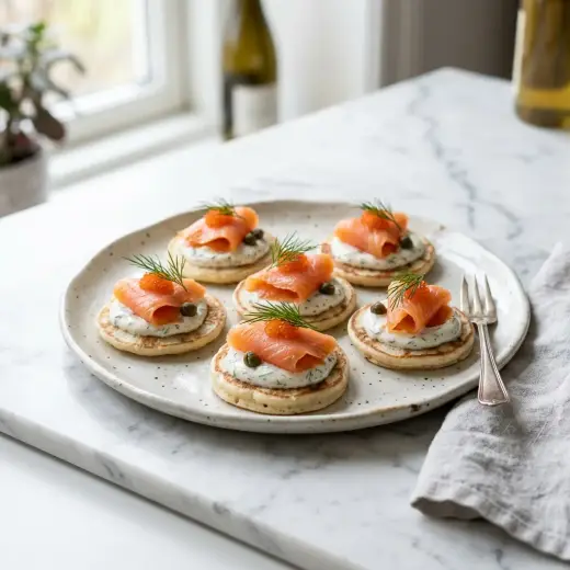 Blinis cu somon afumat, clătite mici cu smântână, felii de somon și mărar