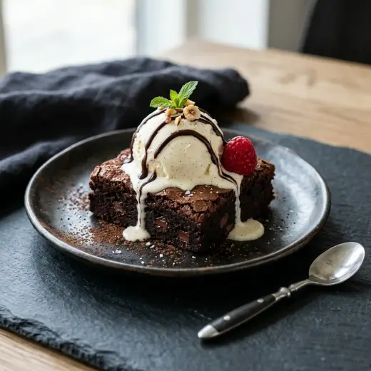 Brownie cu înghețată, pătrat de brownie cald cu o bilă de înghețată de vanilie pe farfurie