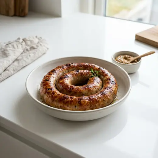 Cârnat medister la friteuza cu aer cald, rumenit, tăiat felii pe farfurie
