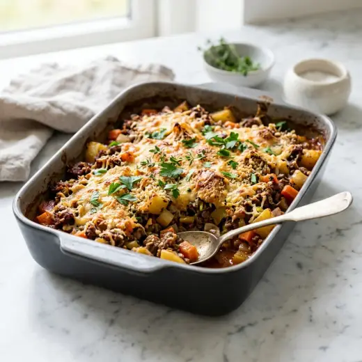Carne de vită la tavă cu legume, chifteluțe rumenite printre cartofi, morcovi și ardei