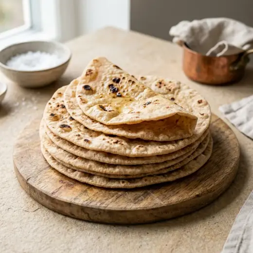 Chapati, lipii rotunde din făină integrală cu pete maronii, puse una peste alta