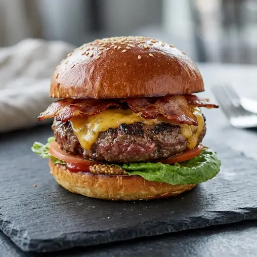 Cheeseburger cu bacon, chiflă cu carne, cheddar topit, bacon și salată verde
