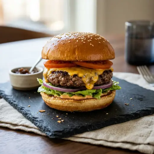 Cheeseburger cu cheddar topit, salată, ceapă roșie și castraveți murați în chiflă