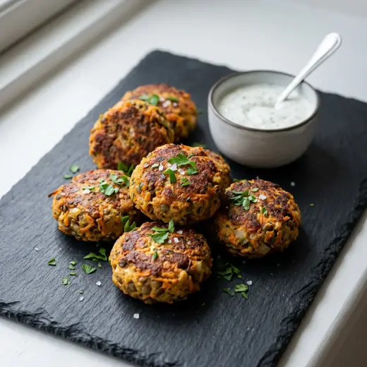 Chiftele vegetariene la friteuza cu aer cald, rumenite, pe farfurie