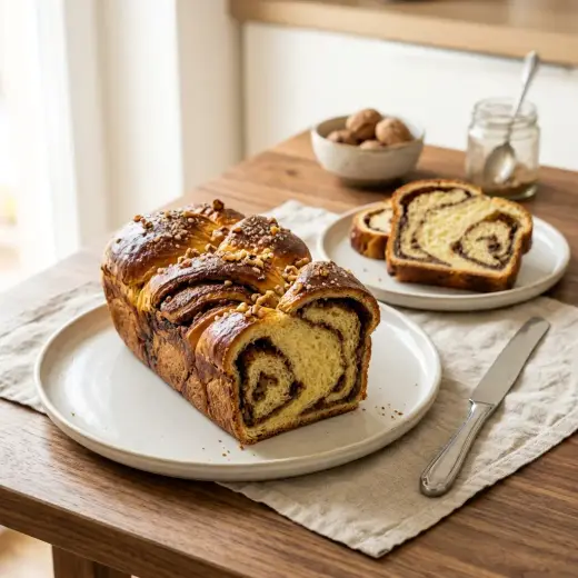Cozonac cu nucă și cacao, copt, tăiat felii