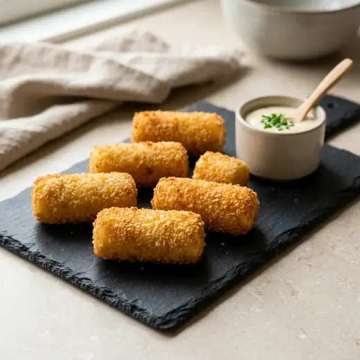 Crochete de cartofi la friteuza cu aer cald, cilindri aurii cu crustă de pesmet pe farfurie