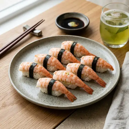 Ebi sushi, bucăți de nigiri cu creveți fierți pe orez, pe un platou