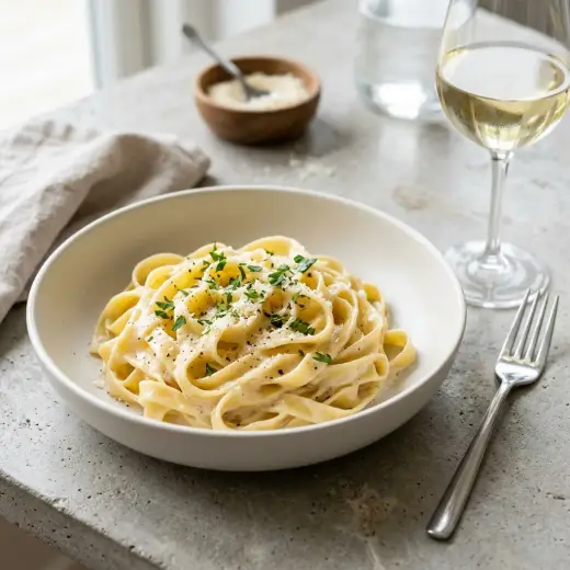 Fettuccine Alfredo, paste late în sos cremos de parmezan, pe farfurie
