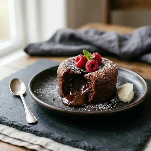 Fondant de ciocolată, desert individual cu centrul curgător pe farfurie