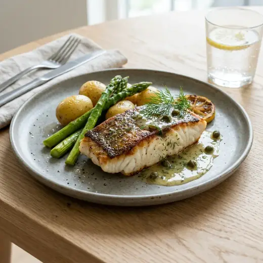 Halibut la tigaie, fileuri aurii cu sos de unt, lămâie și pătrunjel pe farfurie