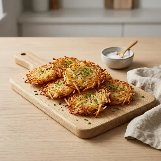 Hash browns la friteuza cu aer cald, turte aurii de cartofi pe farfurie