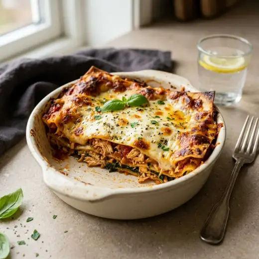 Lasagna cu pui, porție tăiată dintr-o tavă cu mozzarella gratinată