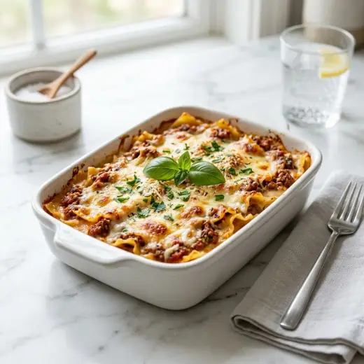 Lasagnette, paste cu sos de carne și mozzarella gratinată într-un vas de cuptor