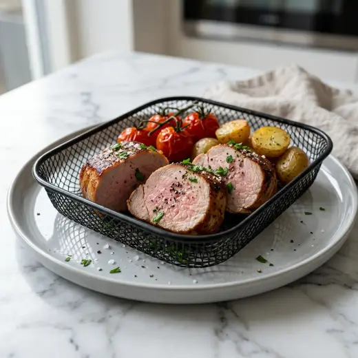 Medalioane de mușchiuleț de porc la friteuza cu aer cald, rumenite, pe farfurie