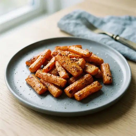Morcovi la friteuza cu aer cald, bastonașe aurii caramelizate cu cimbru pe farfurie