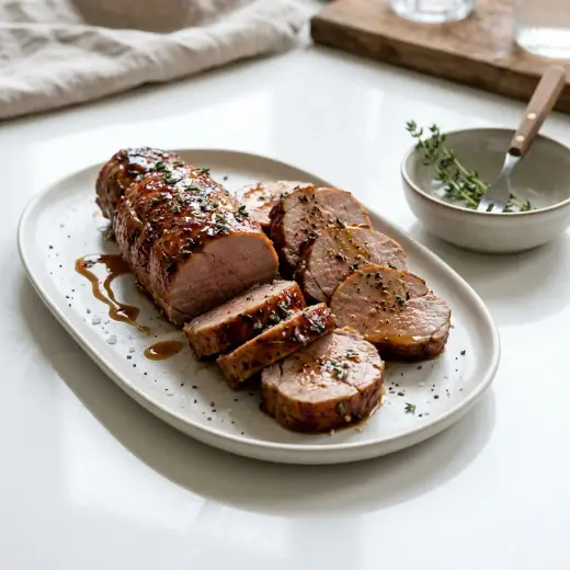 Mușchiuleț de porc glazurat, tăiat felii, cu crustă lucioasă și caramelizată