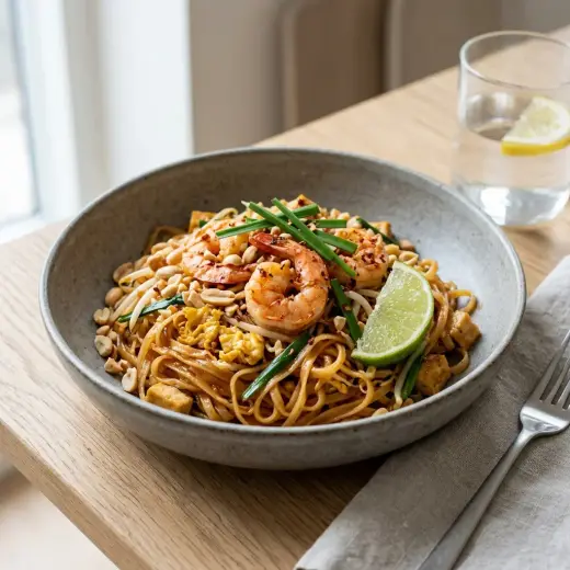 Pad Thai cu creveți, tăiței de orez cu arahide și felii de lime pe farfurie