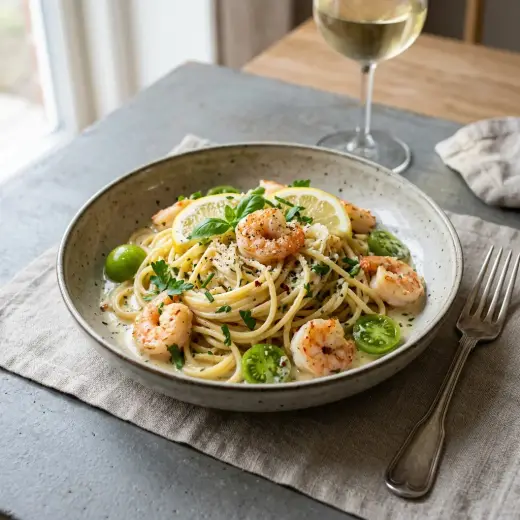 Paste cu creveți și sos de vin alb, tagliatelle cu creveți și pătrunjel pe farfurie