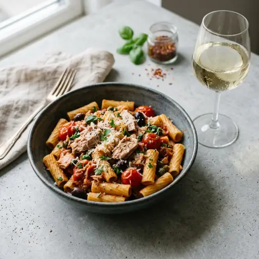 Paste la o singură oală cu ton, penne în sos cremos cu pătrunjel verde