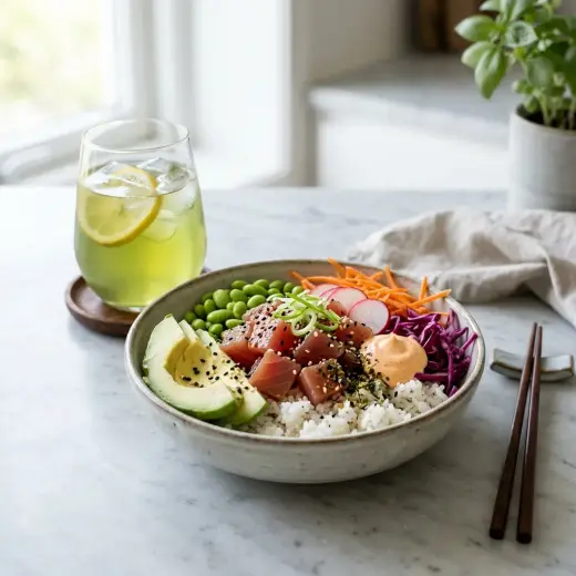 Poke bowl cu ton, orez, cuburi de ton, avocado, castravete și morcov în bol