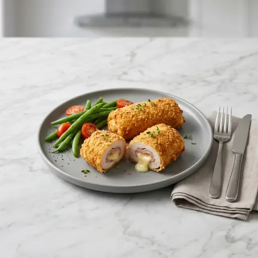 Pui cordon bleu la friteuza cu aer cald, rulouri aurii cu umplutură de brânză și șuncă