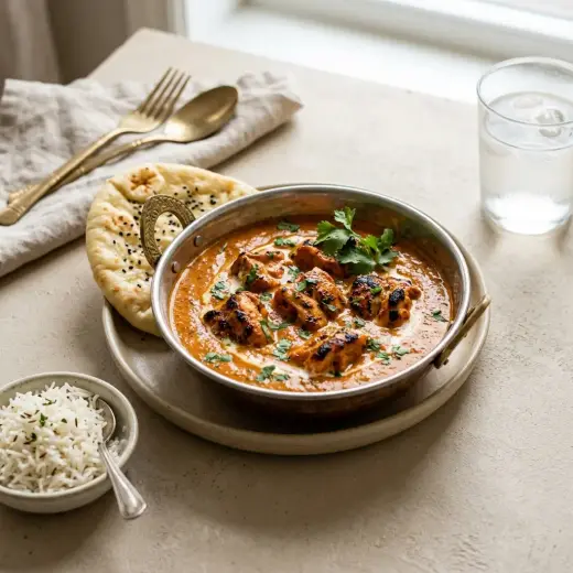 Pui tikka masala, bucăți de pui în sos cremos portocaliu, într-un bol