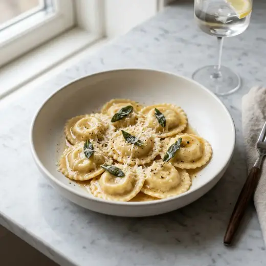Ravioli cu brânză în sos de roșii cu busuioc și parmezan, pe farfurie