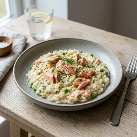 Risotto cu somon, orez cremos cu bucăți de pește și pătrunjel pe farfurie