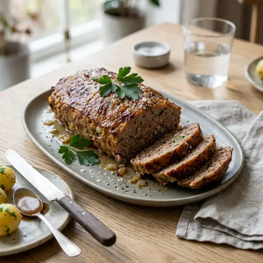 Ruladă din carne de vită, felii cu ou fiert și ardei la mijloc pe farfurie