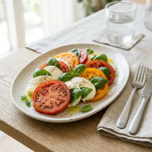 Salată caprese, felii de roșii și mozzarella cu frunze de busuioc pe farfurie