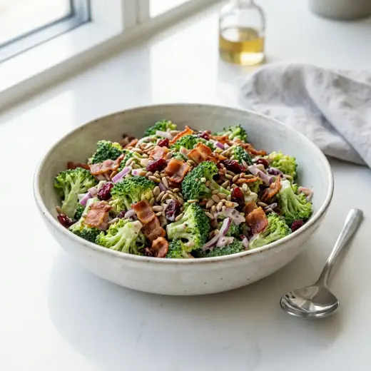 Salată de broccoli cu bacon, buchețele de broccoli cu bacon crocant și semințe într-un bol