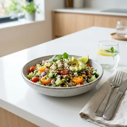 Salată de quinoa cu castravete, roșii, ardei și pătrunjel în bol