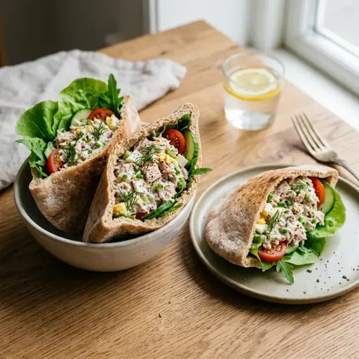 Salată de ton în lipie pita, jumătăți de lipie umplute cu ton, porumb și salată verde