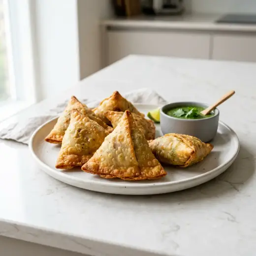 Samosa la friteuza cu aer cald, triunghiuri aurii și crocante pe farfurie