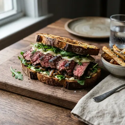 Sandviș cu steak, baghetă umplută cu felii de carne, ceapă și cheddar topit