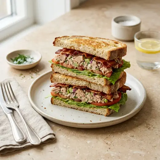Sandviș cu ton și bacon, felii de pâine prăjită cu cremă de ton, bacon crocant și salată verde