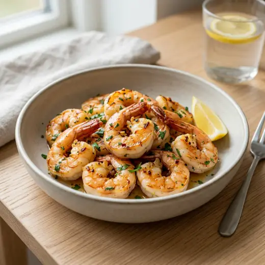 Scampi la friteuza cu aer cald, creveți cu pătrunjel și felii de lămâie pe platou