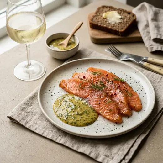 Somon gravlax cu sos de muștar și mărar, felii subțiri pe platou cu sos și mărar