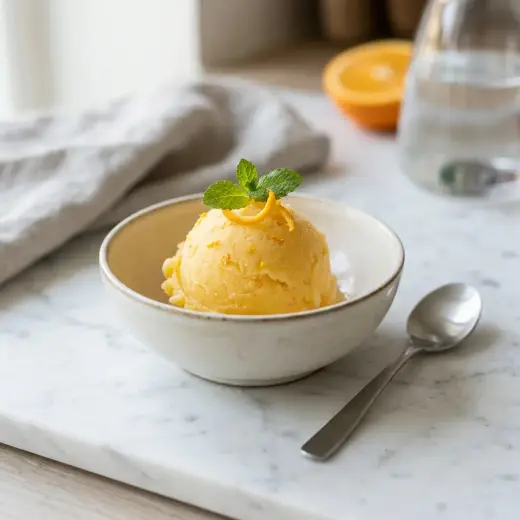 Sorbet de portocale, bile portocalii în boluri mici
