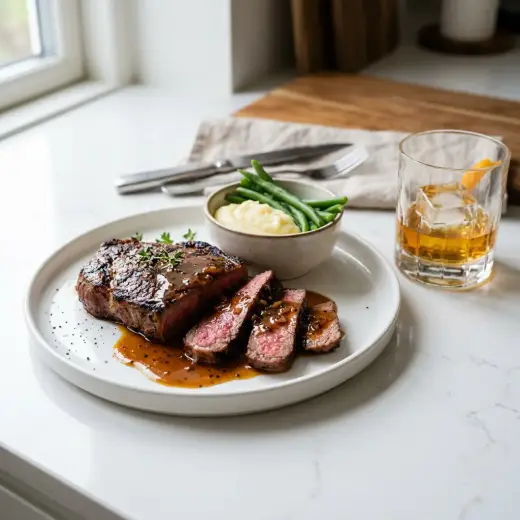 Steak cu sos de whisky, antricot feliat cu sos cremos pe farfurie