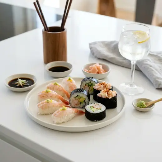 Sushi cu creveți, role maki tăiate, cu creveți, castravete și avocado