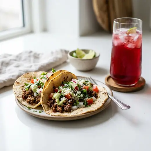 Tacos mexicane, lipii de porumb umplute cu carne tocată, salată, roșii și cheddar