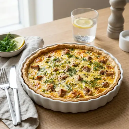 Tartă sărată cu ton și praz, tartă rumenă tăiată felii pe un platou