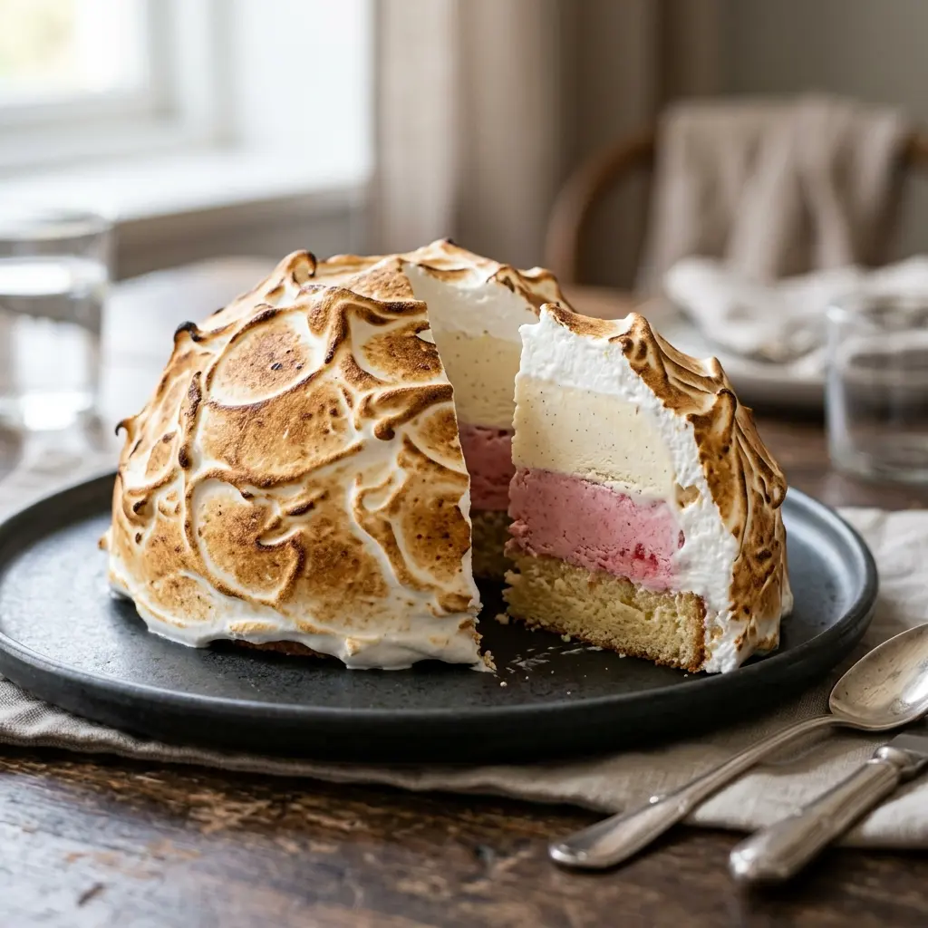 Baked Alaska, desert cu bezea rumenită peste înghețată de vanilie pe farfurie
