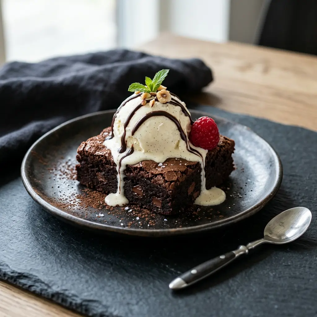 Brownie cu înghețată, pătrat de brownie cald cu o bilă de înghețată de vanilie pe farfurie