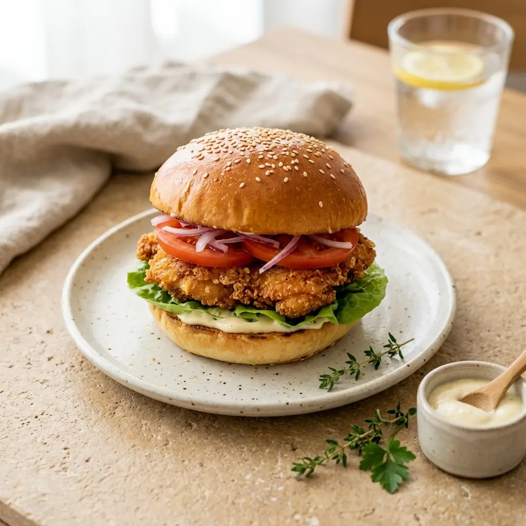 Burger de pui, chiflă cu chiftea, cheddar, salată verde și roșie