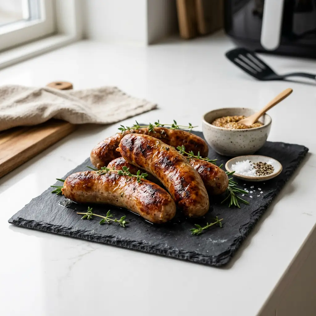 Cârnat danez de Crăciun la friteuza cu aer cald, rumenit, tăiat în bucăți pe farfurie