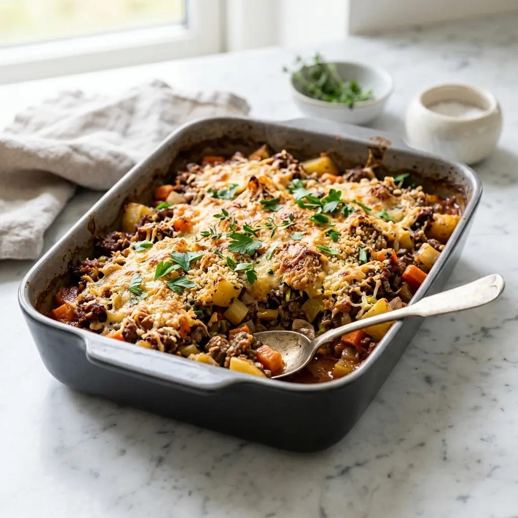 Carne de vită la tavă cu legume, chifteluțe rumenite printre cartofi, morcovi și ardei
