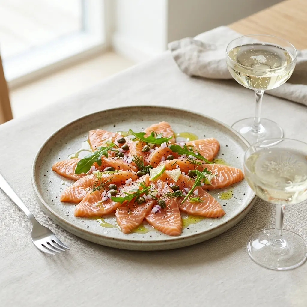 Carpaccio de somon, felii subțiri cu rucola și capere pe farfurie